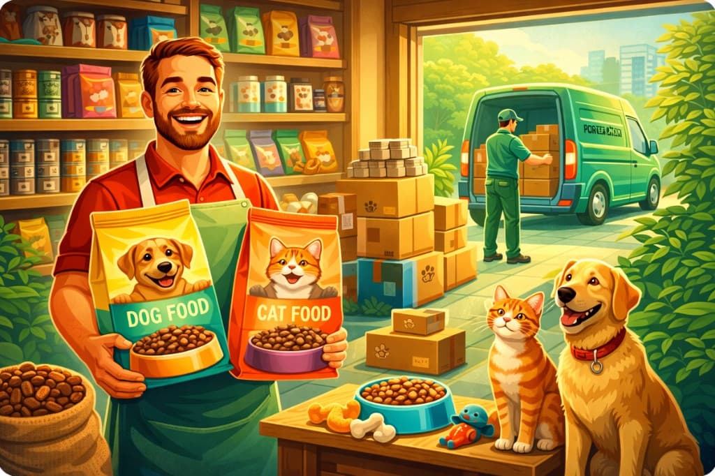 Recurring local delivery for merchants: pet supply store with Porterchain delivery van loading parcels.