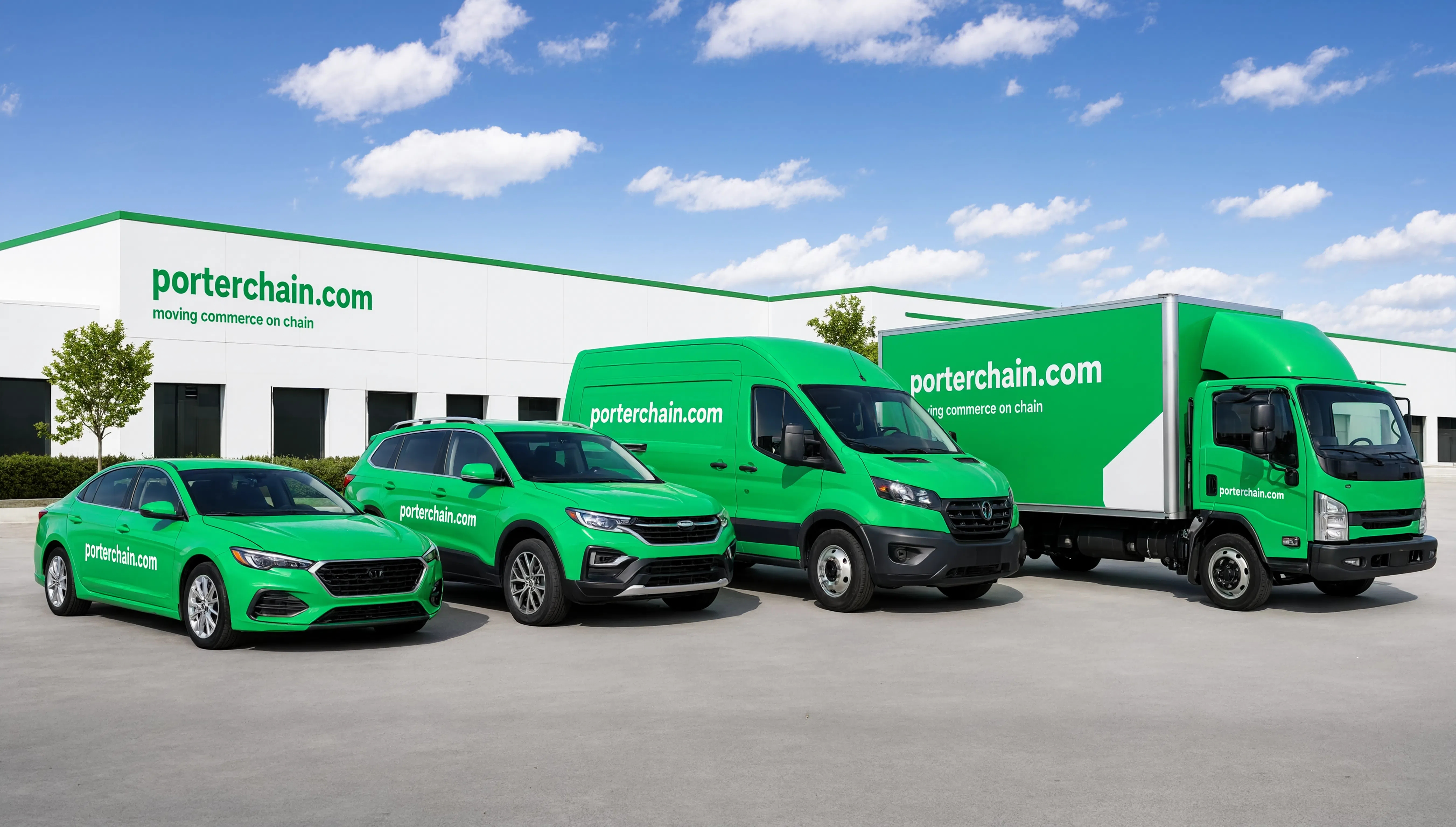 Porterchain green fleet — sedan, SUV, van, and box truck — moving commerce on chain